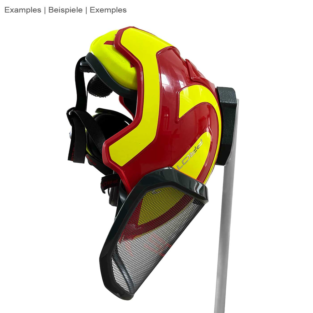 Toolprotect helmet holder with a red and yellow helmet with black grille and black straps, mounted on a grey pole