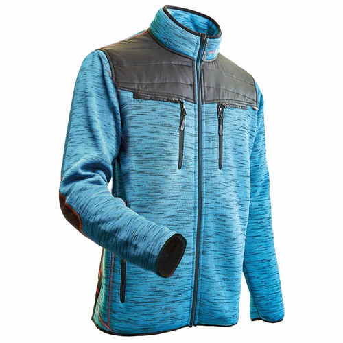 Inuit winter jacket in light blue with black and red details, stand-up collar and zipper