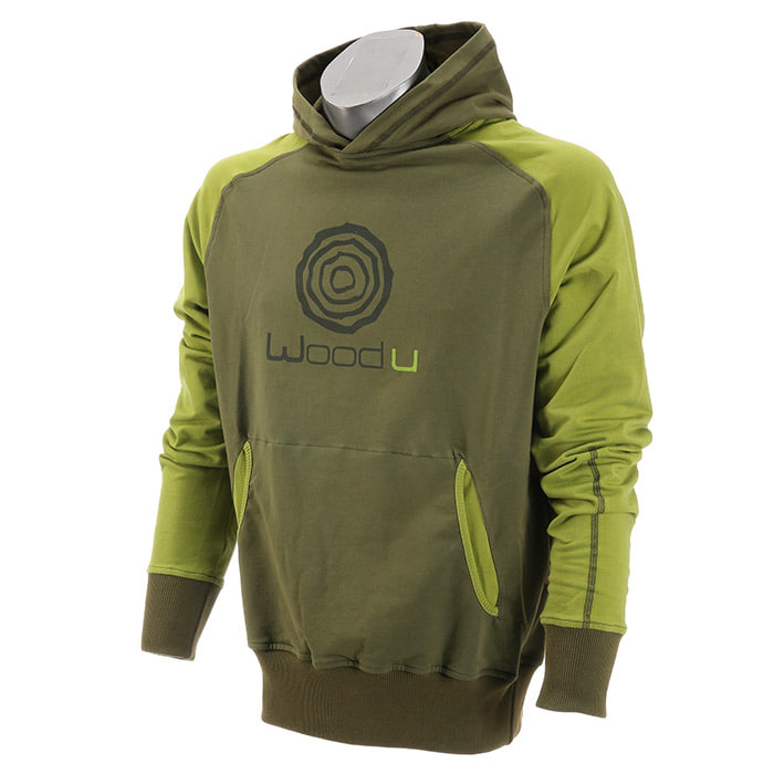 Forest WoodU hoodie in two shades of green with front pocket and logo on the chest