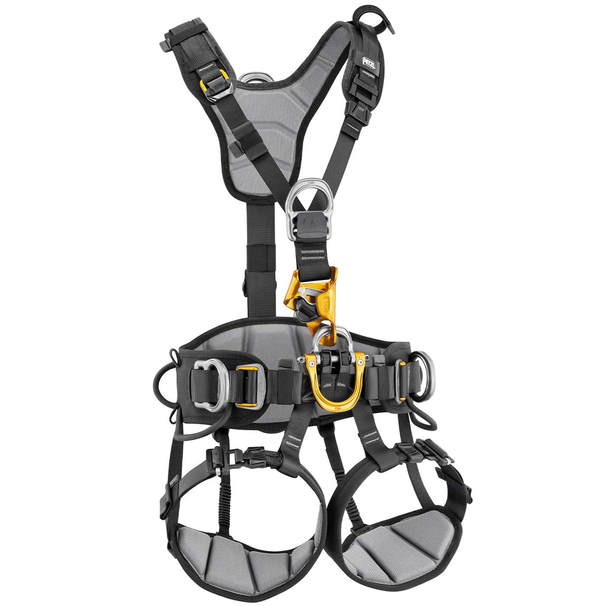 Astro Bod Fast climbing harness by Petzl in grey and black with yellow metal parts and padded leg and hip loops