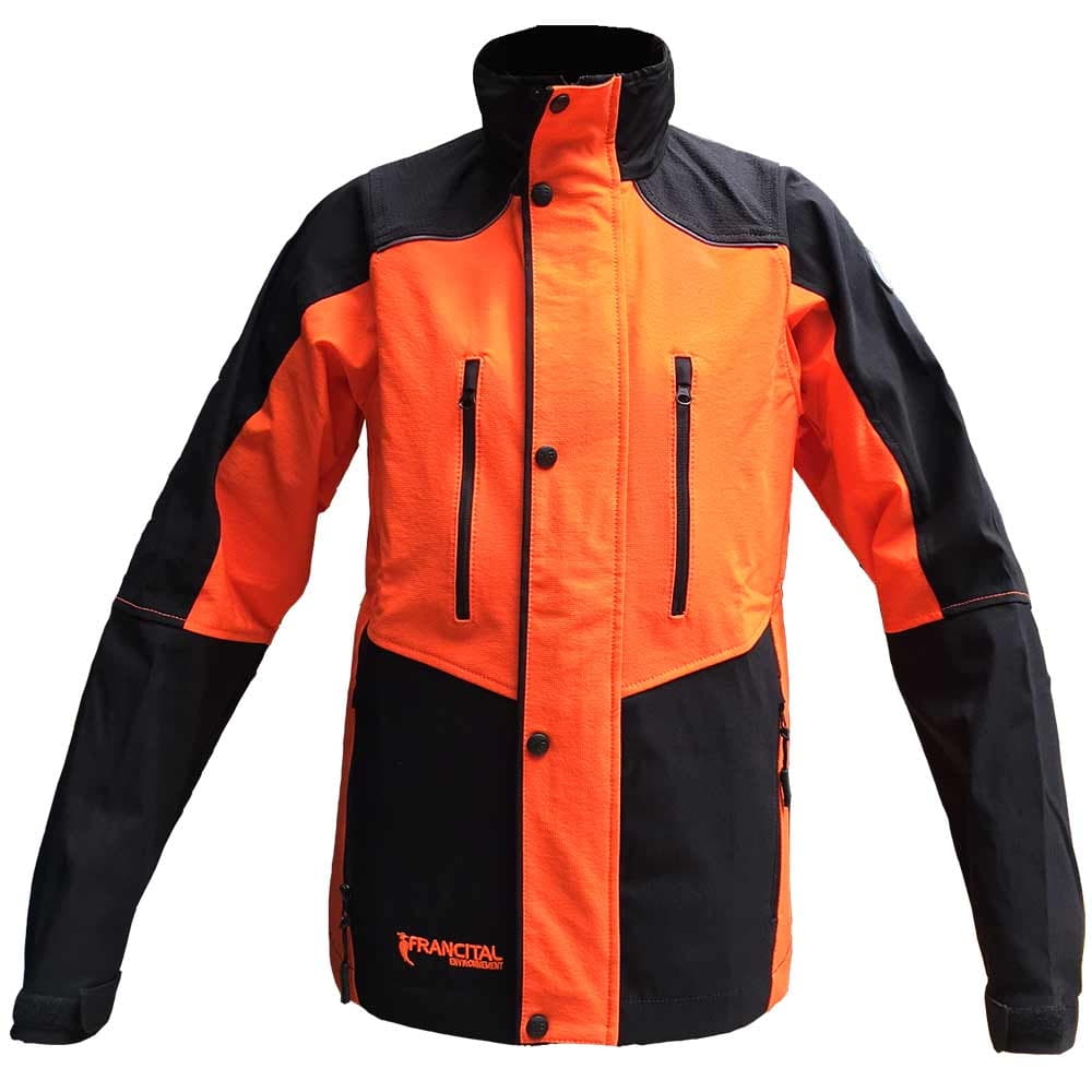 Herma jacket by Francital in orange and black, front view with zippered pockets and button placket