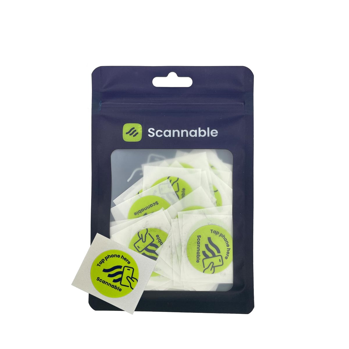 Packaging with several round, yellow helmet stickers NFC tag stickers with black inscription "Tap phone here Scannable" and a smartphone icon