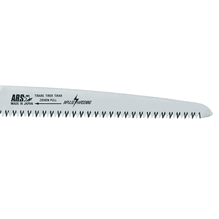 ARS Cam-24 Pro saw blade, saw blade with serrated teeth and the inscription "Made in Japan", "Tirare Tirer Tirar Pull Pull" and "Impulse Hardening" on silver metal