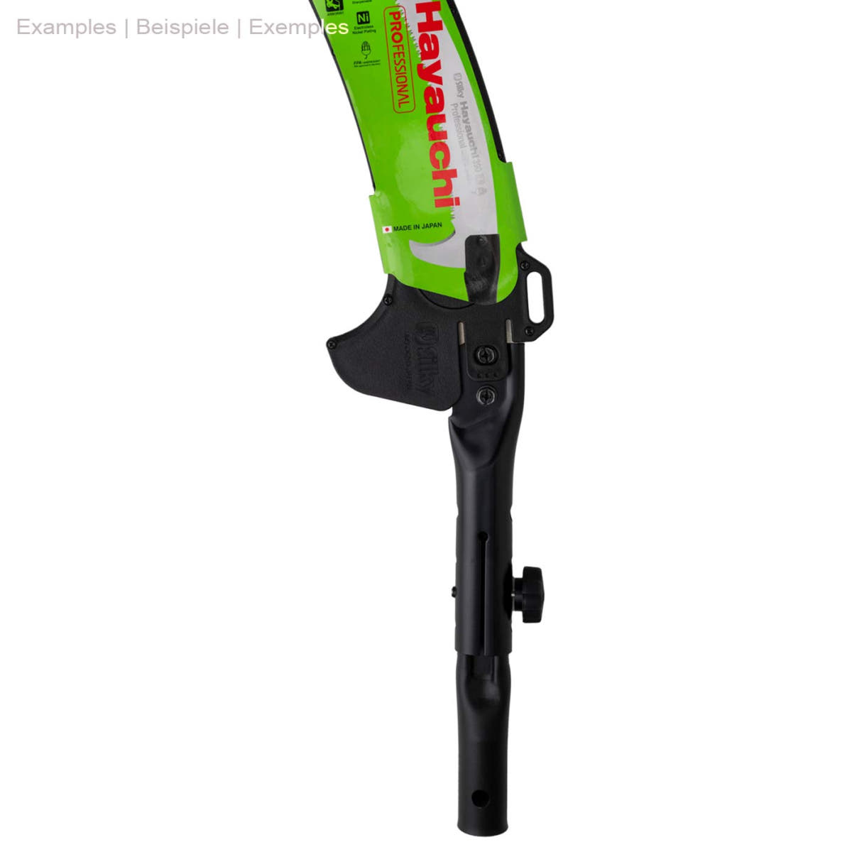 Adapter for telescopic poles, black, mounted on green device with inscription "Hayauchi"