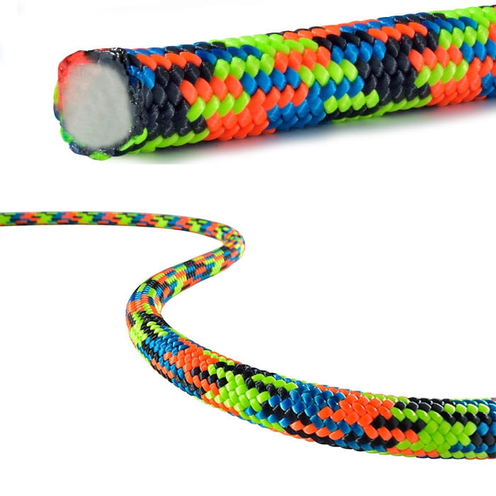 Xstatic rope with colorful pattern in blue, green, orange and black, cross-section with white core, manufacturer not visible