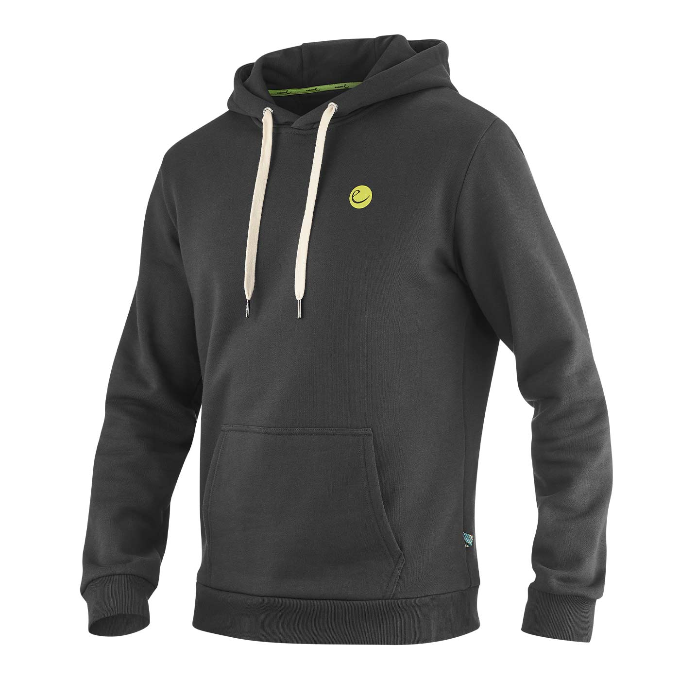 Grounder hoodie in dark grey with hood, white drawstrings and small yellow logo on the front left chest