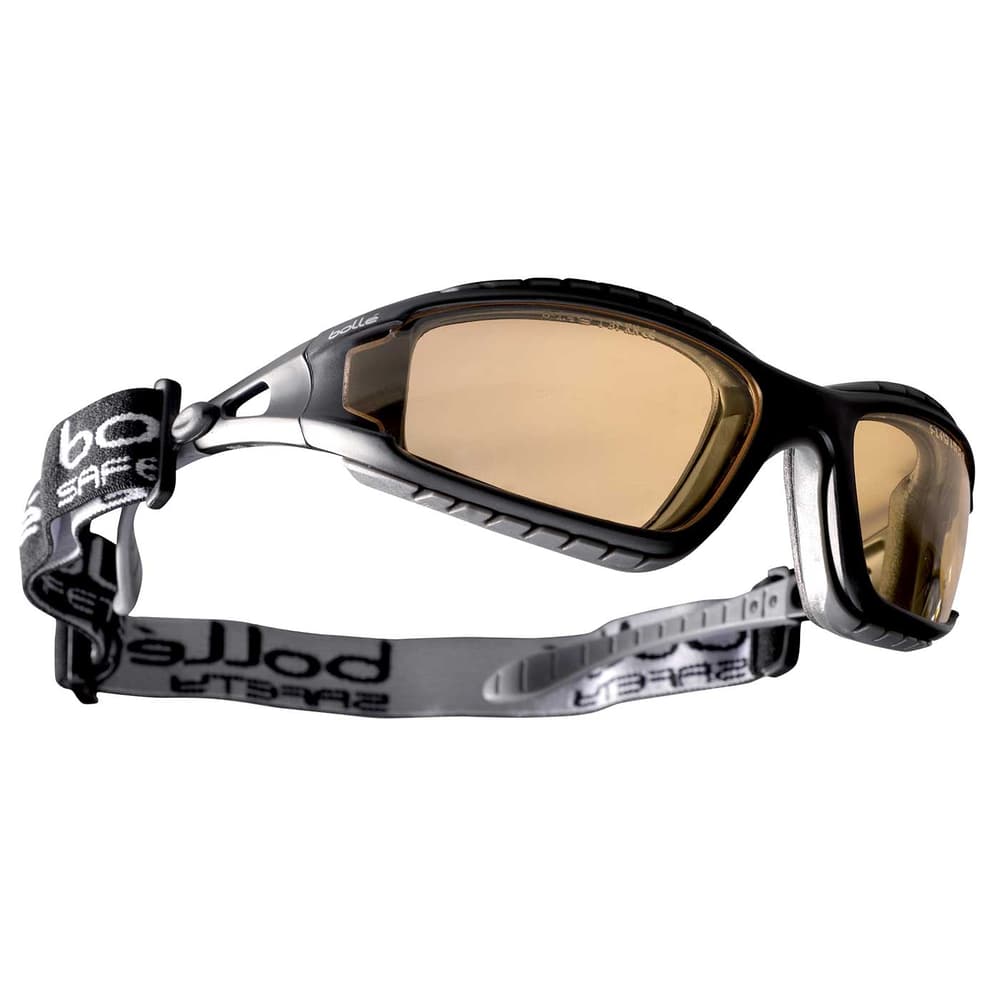 Tracker II by Bollé, black safety glasses with brown tinted lens and adjustable black and white elastic band with bollé print, side view