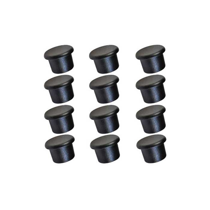 Tri-Guard end caps, twelve black round plastic caps with flat lid and short shaft