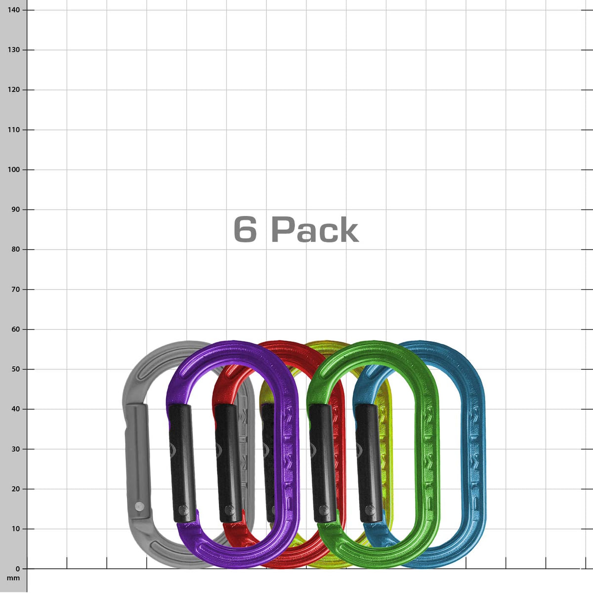 XSRE Multipack of six carabiners in the colours grey, purple, red, yellow, green and blue