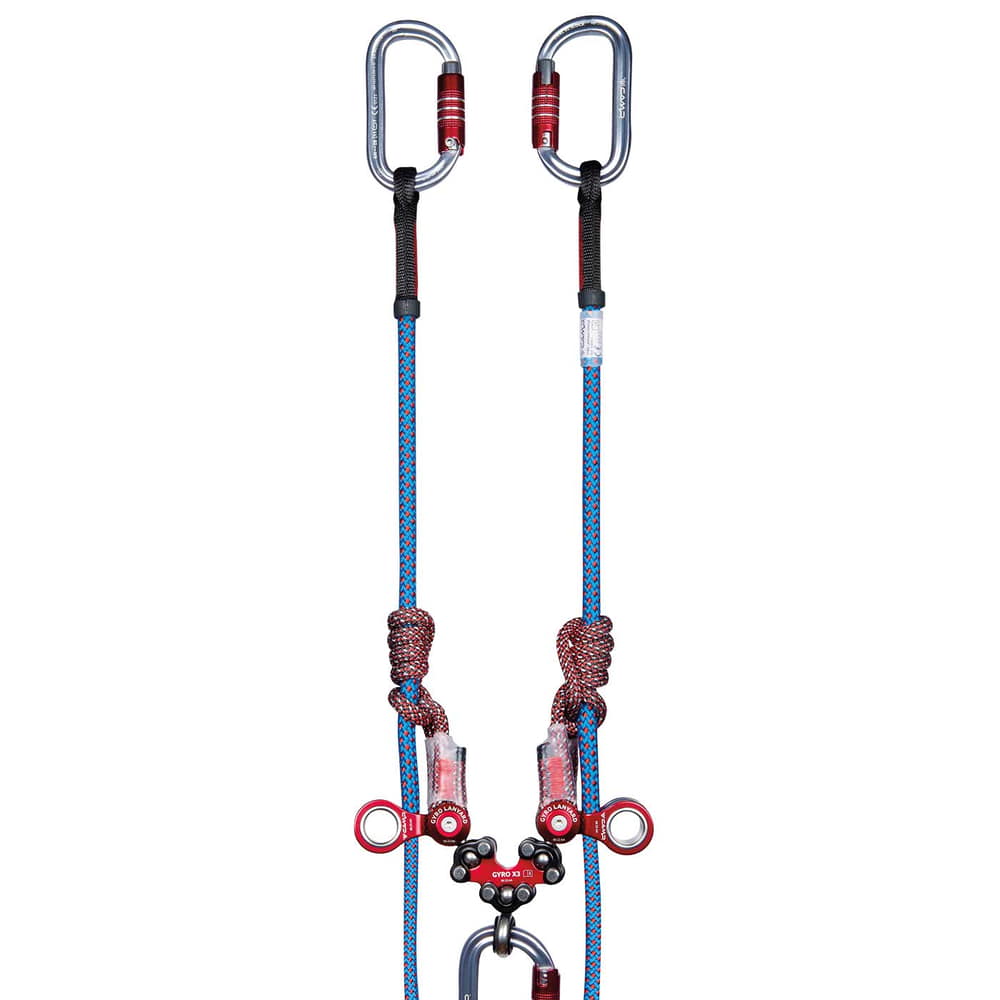 Gyro Lanyard Double, two blue and red climbing ropes with red metal rollers, black protective cover and grey carabiners with red closure
