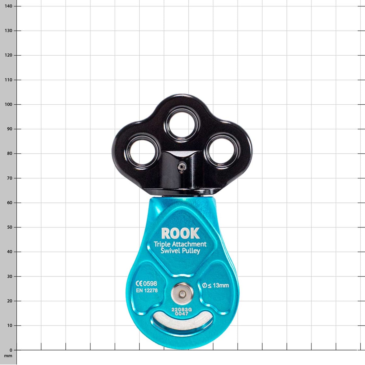 Rook Triple Attachment Swivel Pulley blue pulley with black upper part and three mounting holes, inscription ROOK and technical specifications on the front