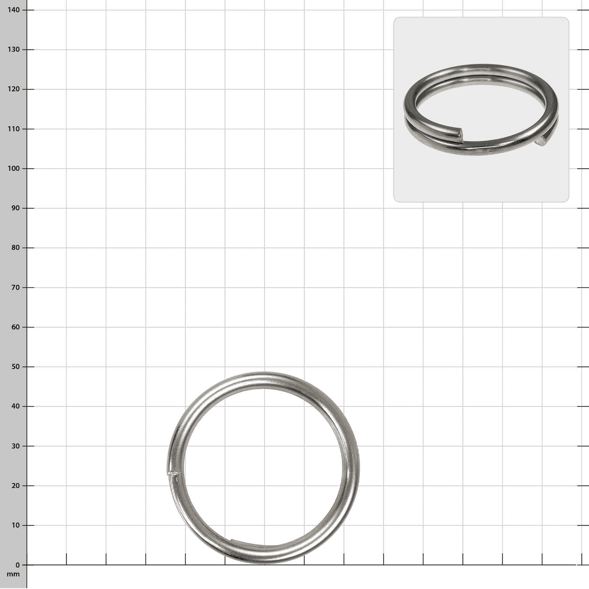 Spring ring 40 mm, silver metal ring with a spiral opening, on a white checkered background