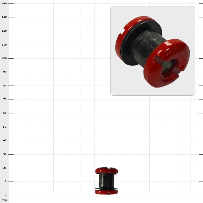 Gomtaro Zübat screw set with a small black screw that has red, round heads with slot at both ends, on a white background with grid lines and an enlarged detail view of the screw at the top right