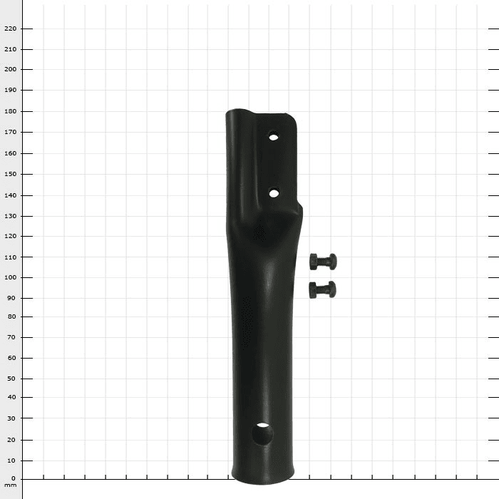 ArboRapid Grommet, Black Long Tube With Three Holes And Two Small Screws On White Background With Millimeter Scale