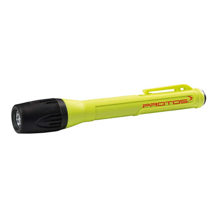 Maclip Light mini by Protos, yellow pen lamp with black lamp head and red inscription "PROTOS" on the housing