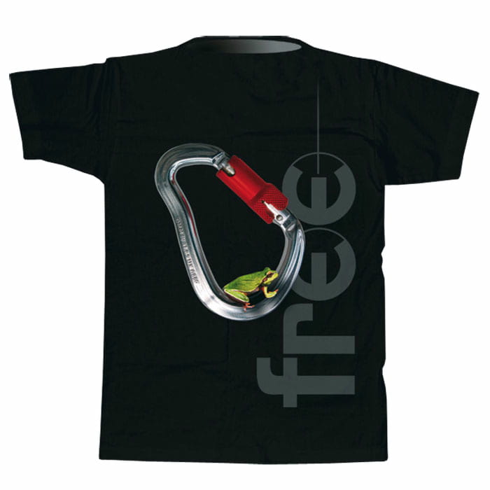 Black T-shirt, back with the same print as front: silver carabiner with red closure and small green frog inside, next to it the lettering "free" in grey, product name Tree Frog