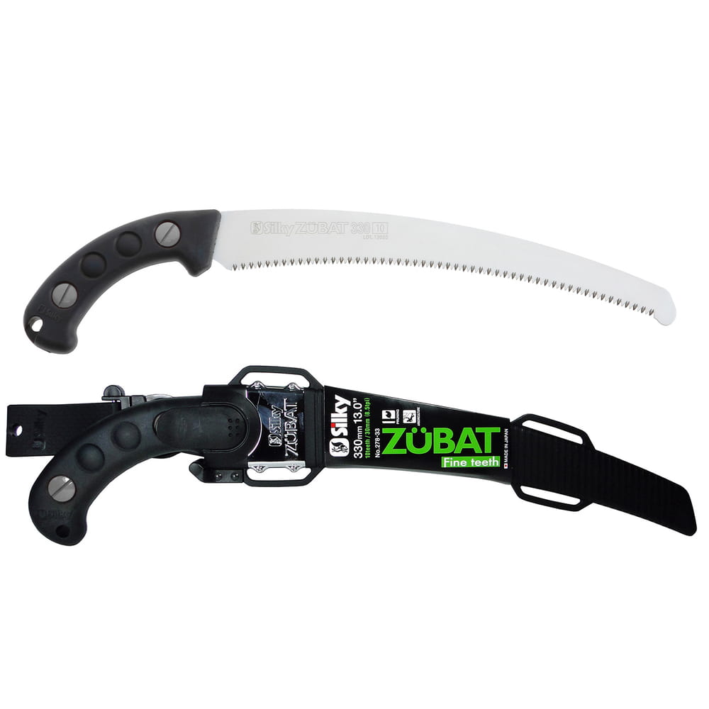 Silky Zübat 330-10 hand saw with curved saw blade and black handle, including black protective cover with green print