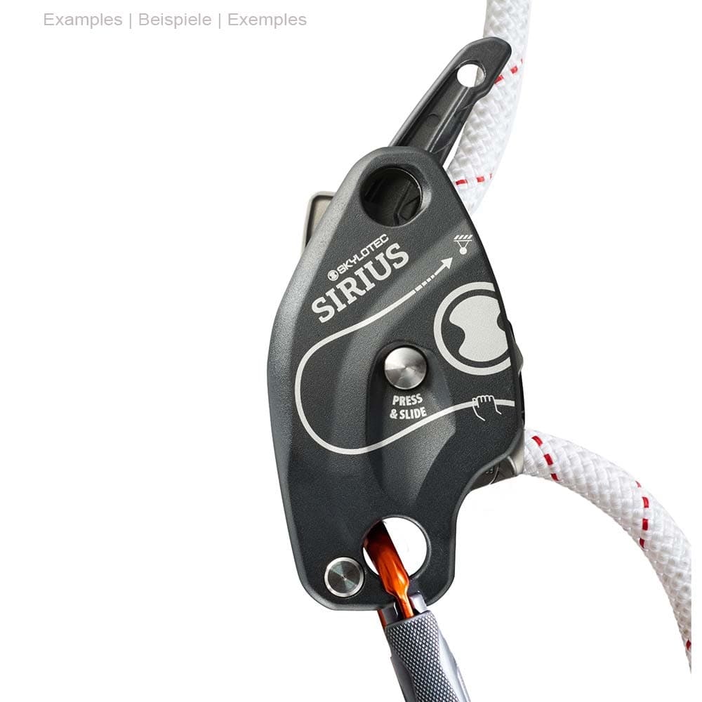 Sirius by Skylotec, black rope tool with white rope and snap hook in the lower opening