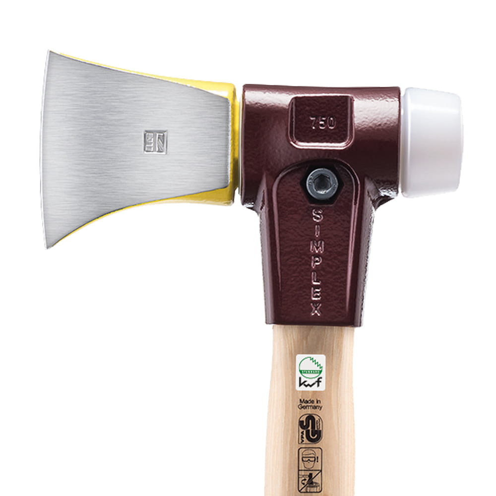 Close-up of the head of the Simplex 750 axe with metal blade, inscription "750" and white striking head