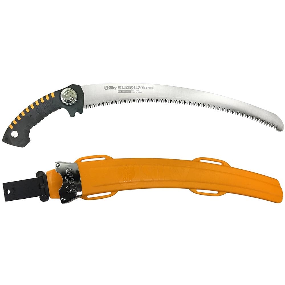 Silky Sugoi 420-6.5-5.5 hand saw with curved blade and black handle with yellow accents, plus an orange plastic sheath with metal clip