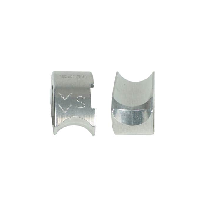 Positioner clamping jaw S, two silver metal parts with semicircular recess, one with markings "S" and arrows