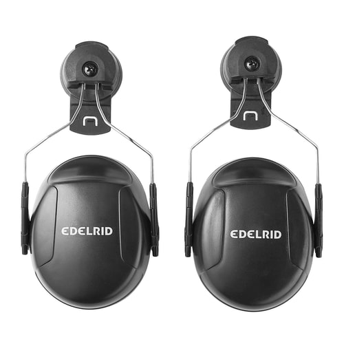 Edelrid Ear Muffs in Black, front view with two ear cups and fasteners on top