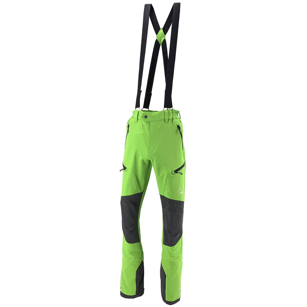 Climb Tech Delta Pants by Arbpro in green with grey knee and leg reinforcements and black zippers, including black suspenders