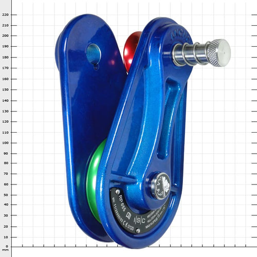 Blockbuster Maxi, blue metal block rope with red and green pulley, side view with screw cap at the top, manufacturer's information on black label