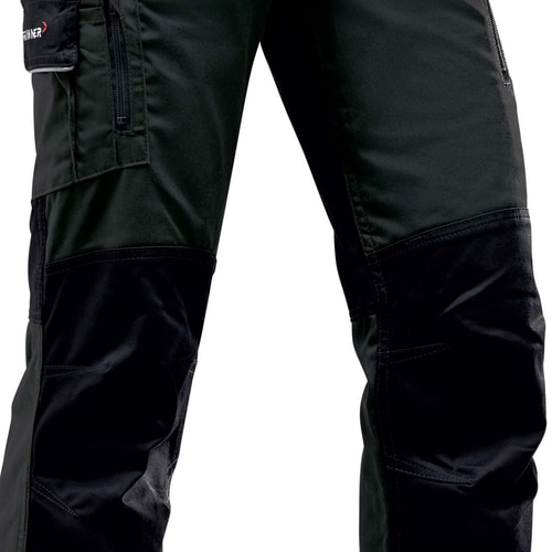 Close-up of black StretchFlex® Cancool pants with reinforced knees and pockets, focus on the middle of the leg