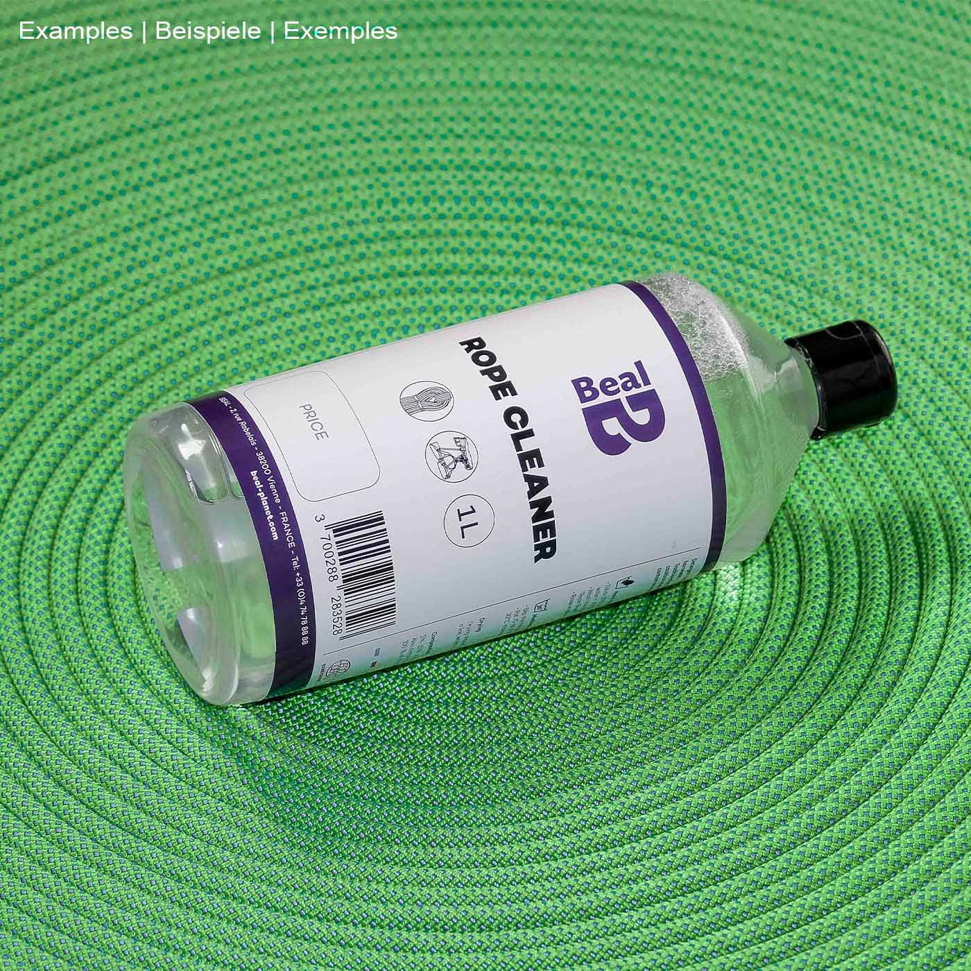 Beal Rope Cleaner Bottle Lying on Green Rope
