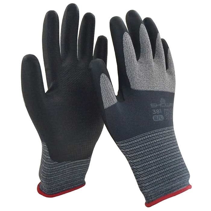 Showa 381 work gloves, a black palm with grey fabric back and red cuffs, manufacturer's name and model printed on the back of the hand
