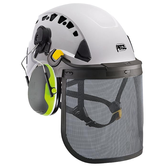 White Petzl Vertex Vent Peltor Helmet with Grey and Green Ear Protection and Black Face Shield