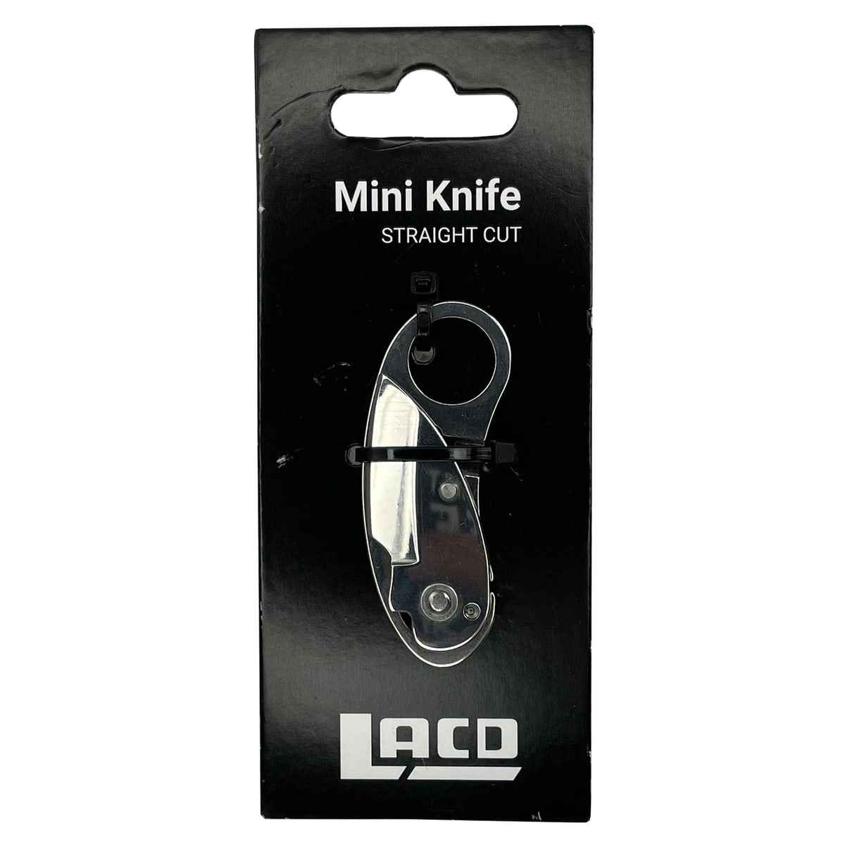 Mini Knife Straight Cut knife from Laco in black packaging with white lettering and viewing window, the knife is visible when closed