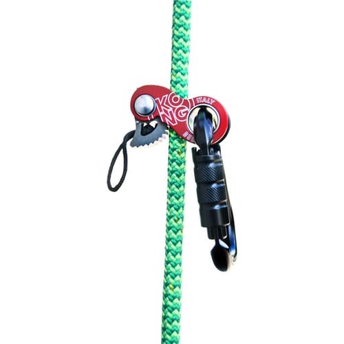 Duck, KONG, red belay device on green rope with black snap hook