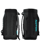 Back and front of the black Approach Bag with turquoise NOTCH logo and handles