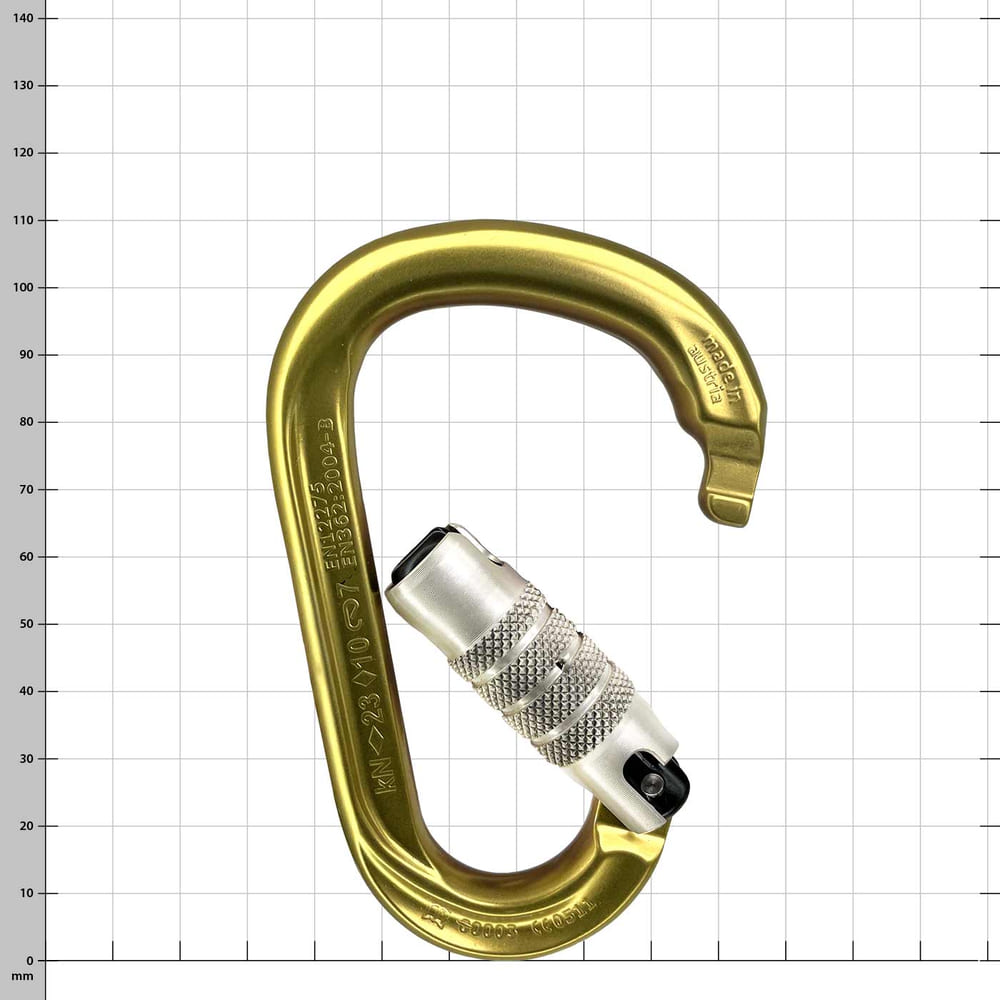 Rondo 4 carabiner in gold with open silver screw cap, manufacturer's name "Rondo" and "made in Austria" visible