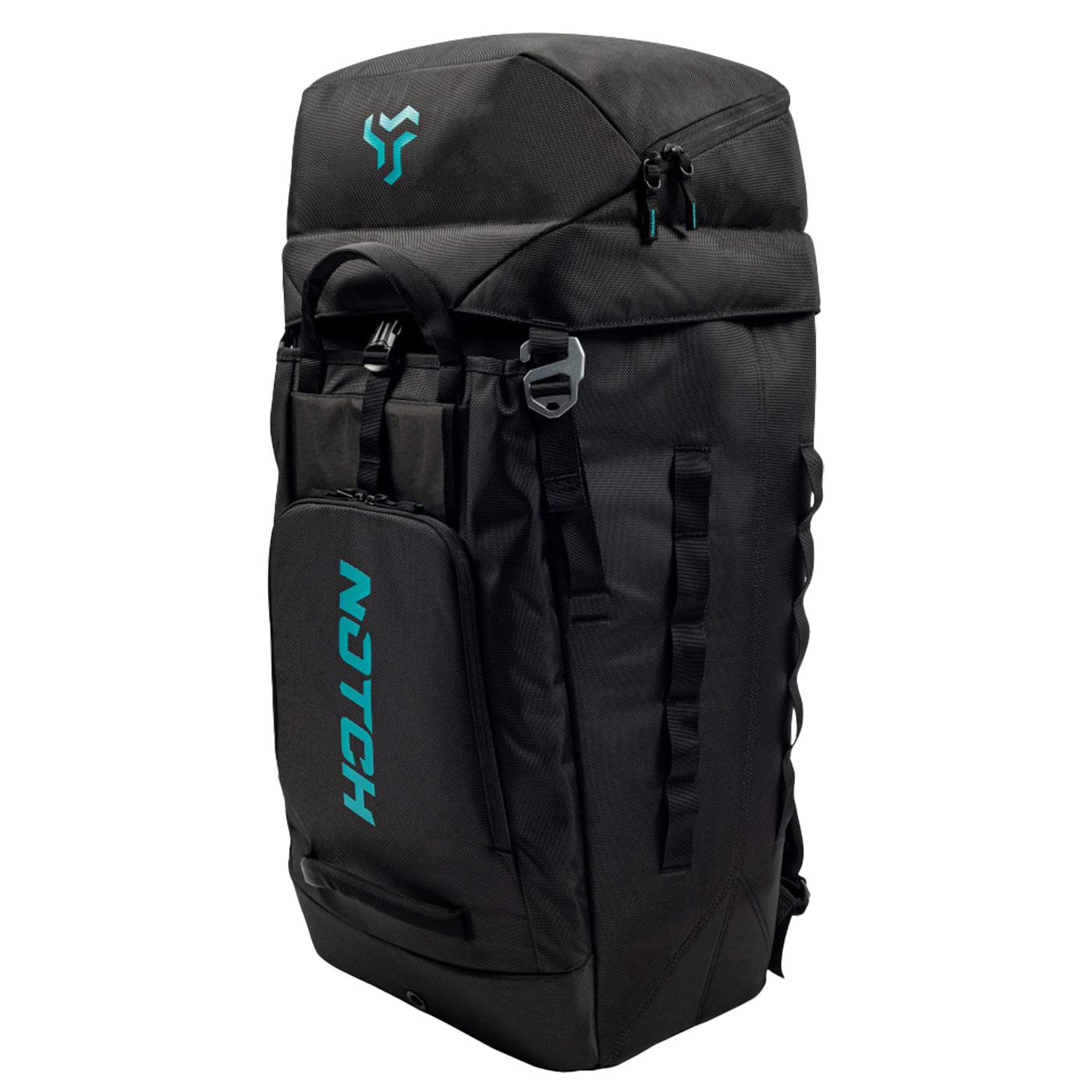 Hauler 70 backpack in black with turquoise NITOH lettering on the front pocket and a turquoise logo on the upper part of the backpack