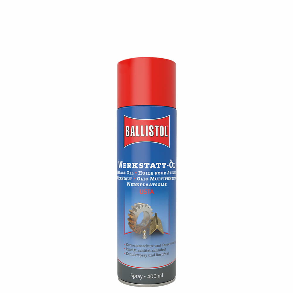 Ballistol Workshop Oil 0.4 Spray Can with Red Lid, Blue Label with White and Red Lettering, Illustration of Gear and Hinge, 400 ml Content