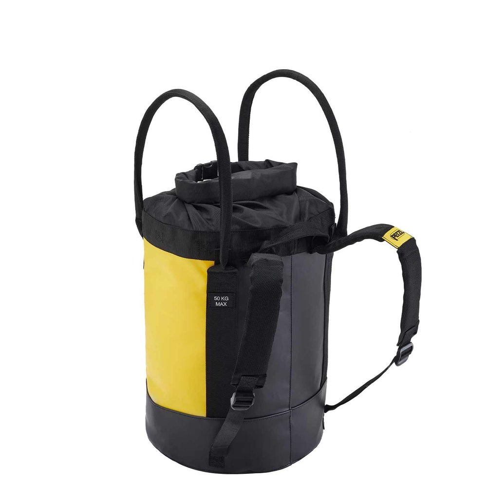 Yellow and black PETZL Bucket 30 container with carrying straps and padded shoulder straps, rear view