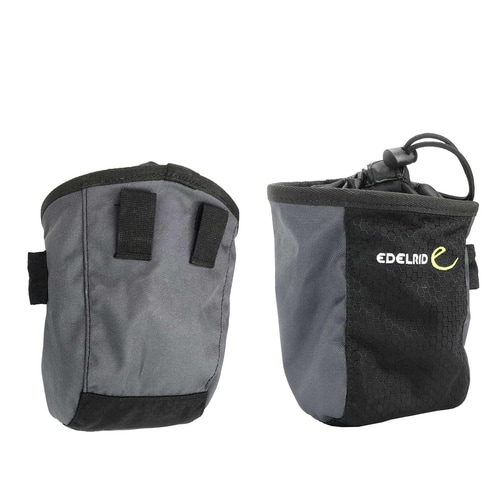 Two storage bags of the Edelrid Minilift, one from the front with drawstring and Edelrid logo, the other from the back with two loops
