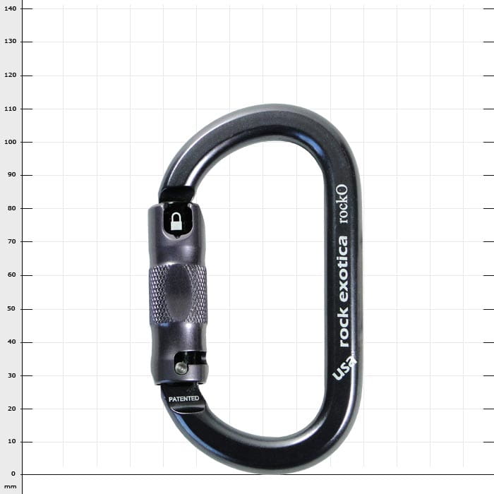 Rock O carabiner by Rock Exotica in black with screw cap and print "usa rock exotica rockO" on the metal body