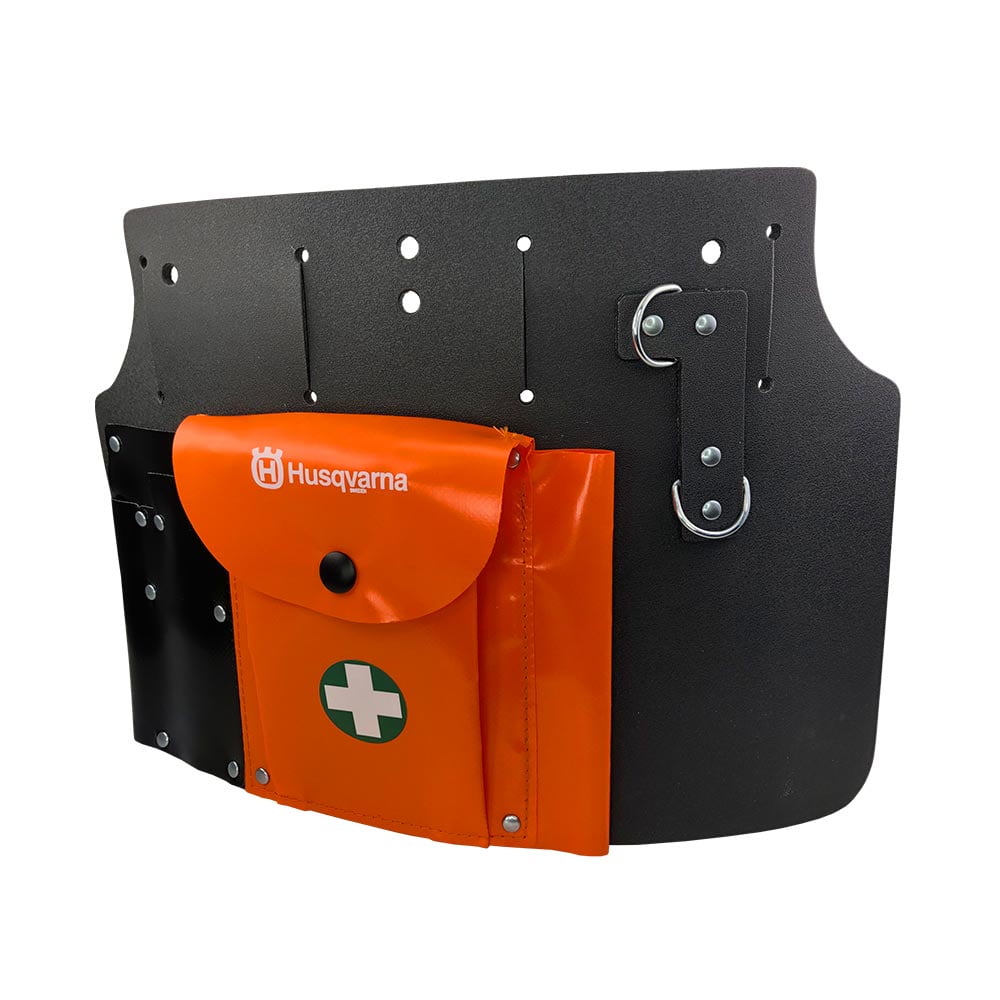 Tool bag with black and orange compartment, orange compartment with Husqvarna logo and white cross, black back panel with holes and metal rings, other side view