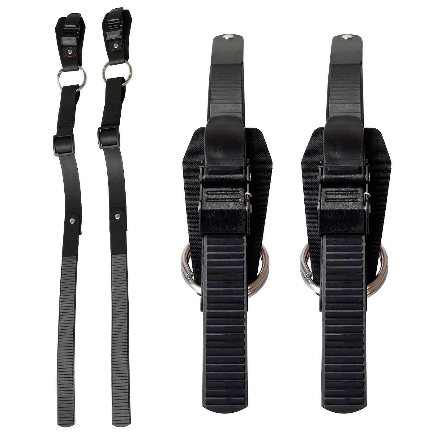 Thistle lower ratchet strap, two black straps with ratchet closure and metal rings, frontal view with both straps next to each other