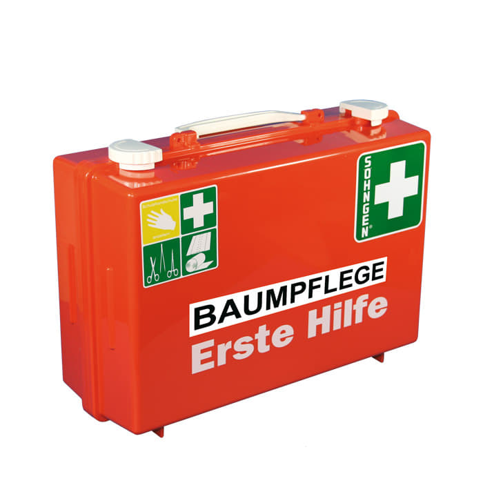 First aid kit Klein by Söhngen in orange with white closures, imprint "TREE CARE First Aid" and green symbols