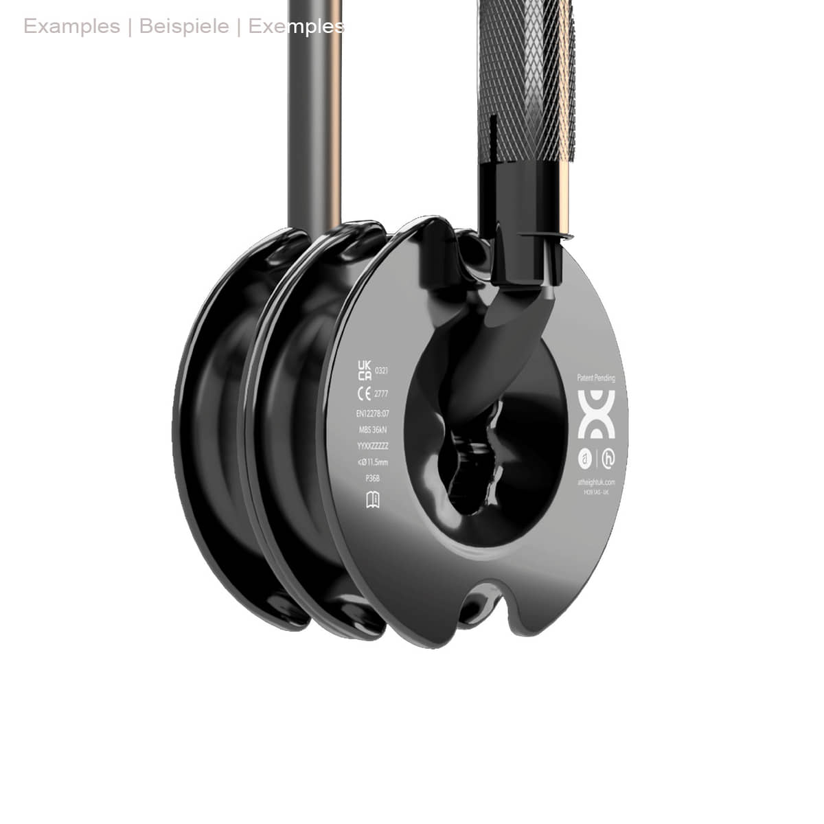 PulleyOne Pro black double disc with snap hook, side view against white background