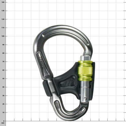 Belay Master carabiner with yellow clasp and black plastic part, viewed from the other side