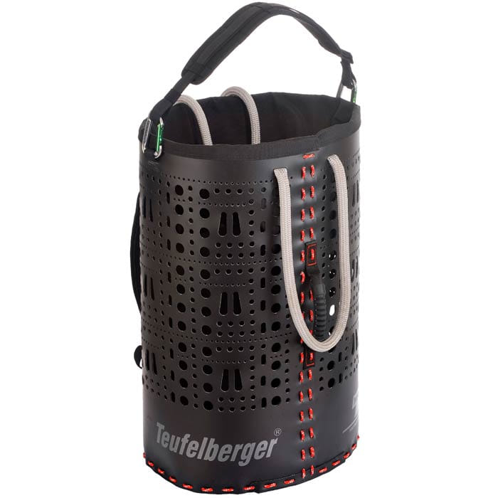 ropeBUCKET 80, black cylindrical container with many round and teardrop-shaped holes, grey handle loops, red seam and grey lettering "Teufelberger"