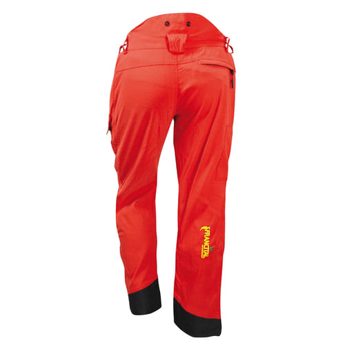 Red Everest R trousers with black hem, zippered pocket on the back right and yellow FRANOSTAL logo on the back