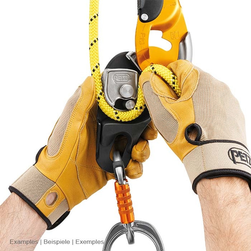 RIG by Petzl, gloves holding yellow rope, belay device with snap hook