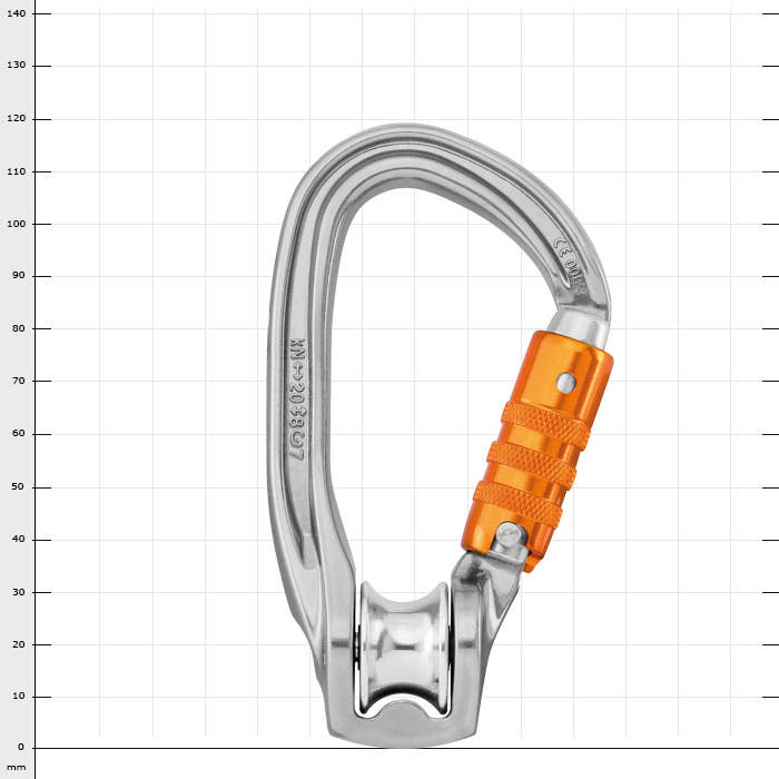 Rollclip Z Triact-Lock metal carabiner with orange locking mechanism and integrated roller wheel